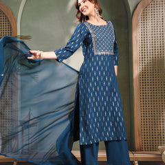 Ramas Embroidered Round Neck Straight Kurta & Palazzos With Dupatta