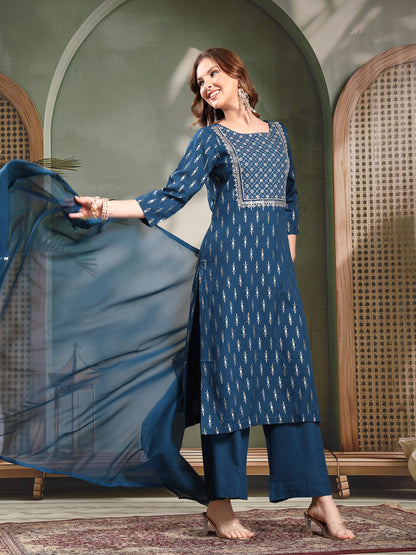 Ramas Embroidered Round Neck Straight Kurta & Palazzos With Dupatta