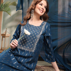 Ramas Embroidered Round Neck Straight Kurta & Palazzos With Dupatta