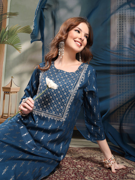 Ramas Embroidered Round Neck Straight Kurta & Palazzos With Dupatta