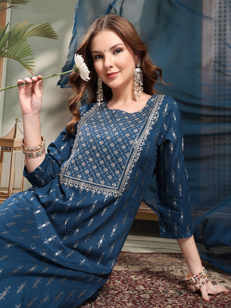 Ramas Embroidered Round Neck Straight Kurta & Palazzos With Dupatta