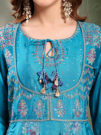 Ramas Embroidered Round Neck Anarkali Kurta & Trousers With Dupatta