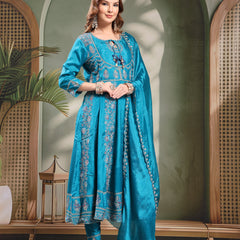 Ramas Embroidered Round Neck Anarkali Kurta & Trousers With Dupatta