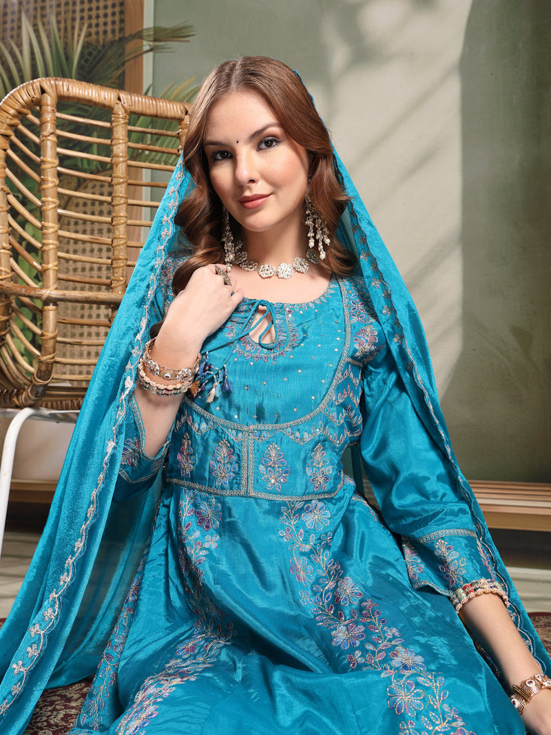 Ramas Embroidered Round Neck Anarkali Kurta & Trousers With Dupatta