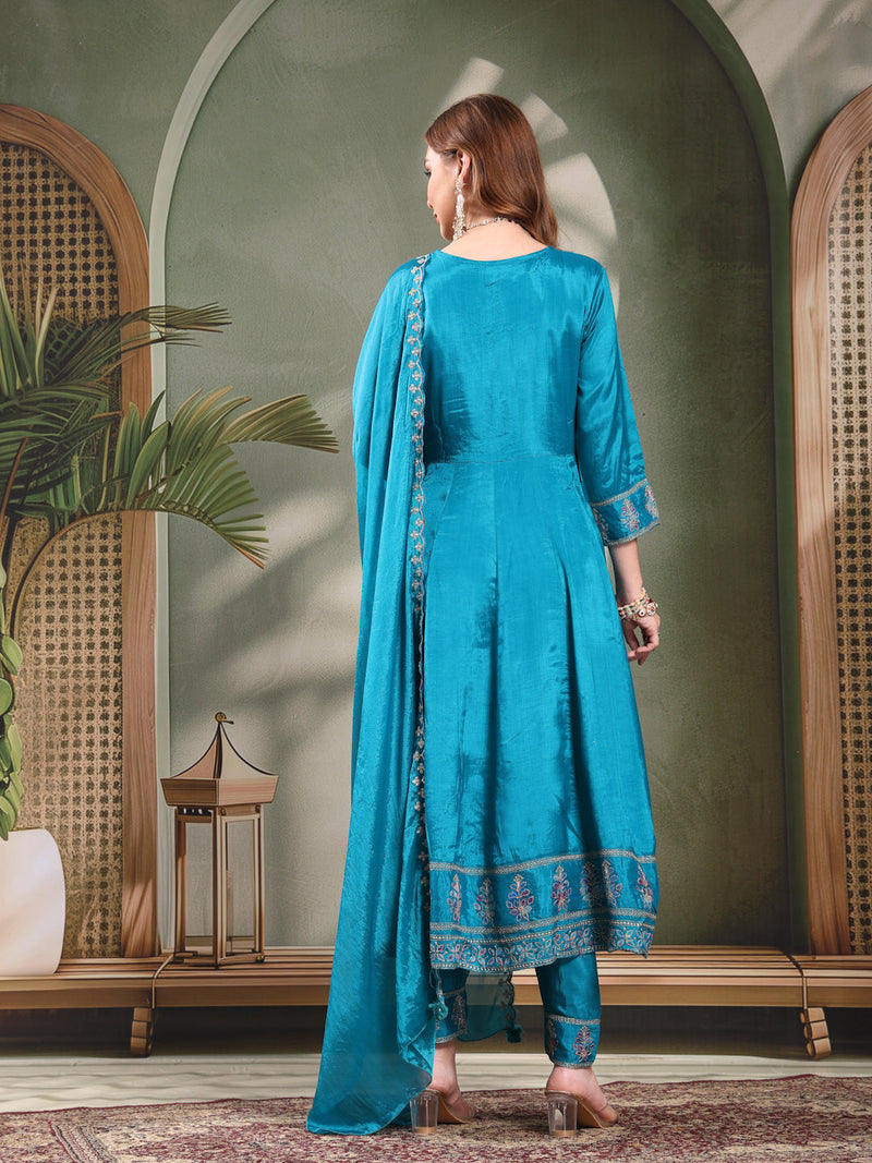 Ramas Embroidered Round Neck Anarkali Kurta & Trousers With Dupatta
