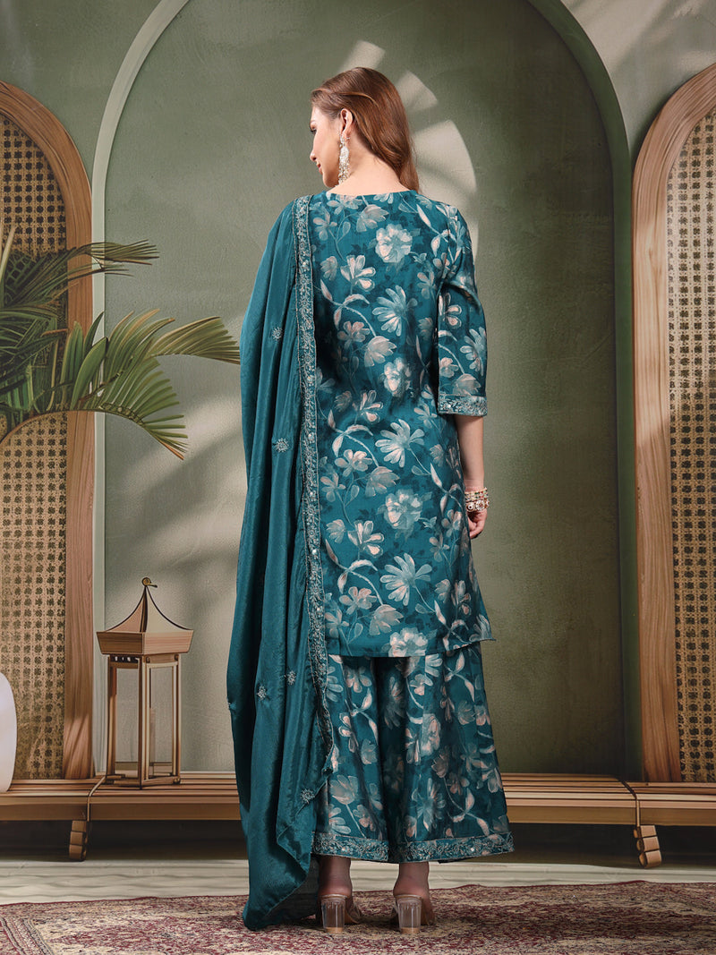 Ramas Embroidered Straight Round Neck Kurta & Sharara With Dupatta