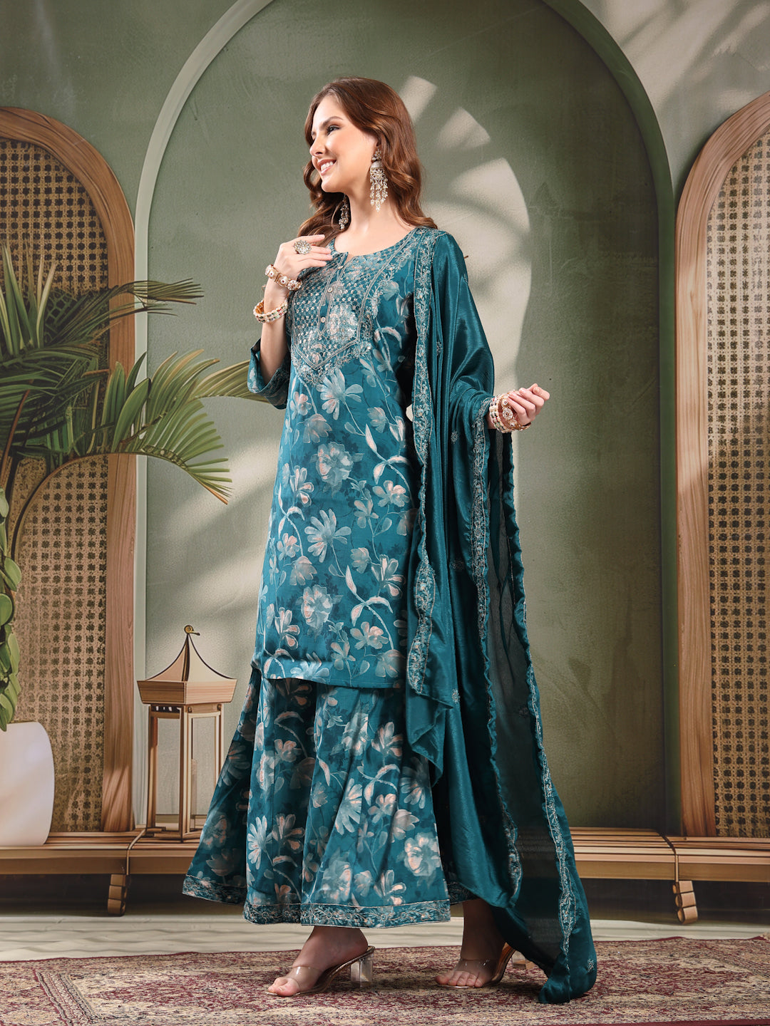 Ramas Embroidered Straight Round Neck Kurta & Sharara With Dupatta
