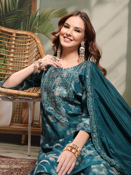 Ramas Embroidered Straight Round Neck Kurta & Sharara With Dupatta
