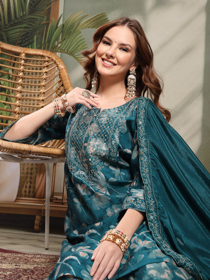 Ramas Embroidered Straight Round Neck Kurta & Sharara With Dupatta