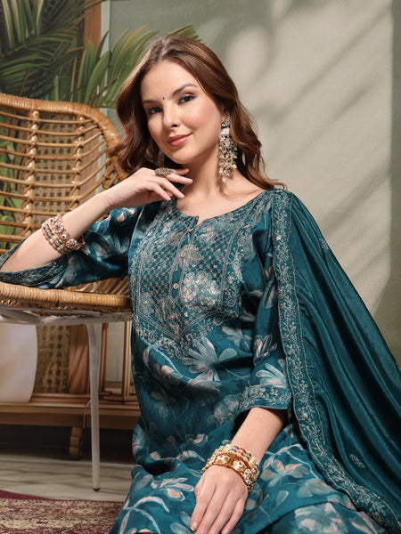 Ramas Embroidered Straight Round Neck Kurta & Sharara With Dupatta