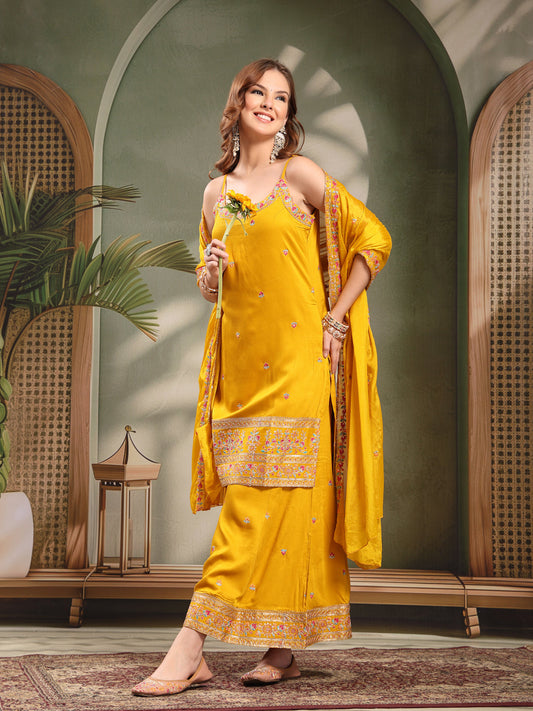 Ramas Sequin Embroidered Round Neck Kurta & Sharara With Dupatta