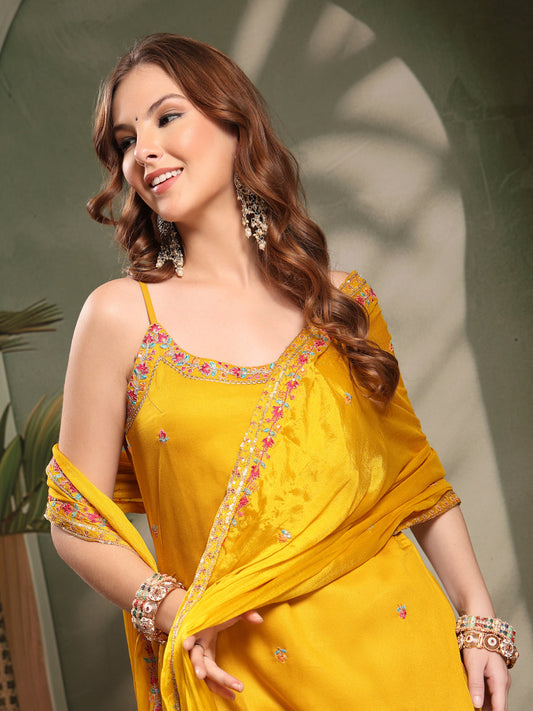 Ramas Sequin Embroidered Round Neck Kurta & Sharara With Dupatta
