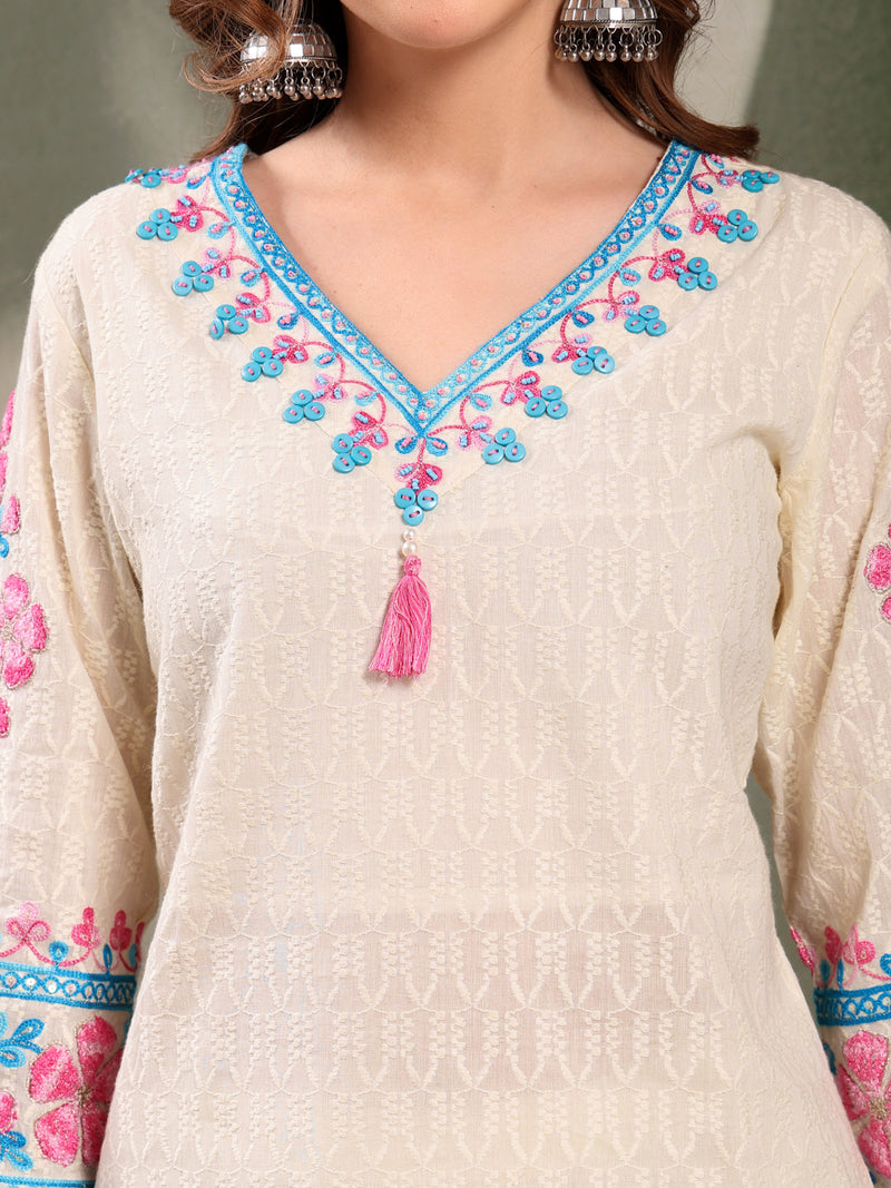 Ramas Off White Embroidered Pure Cotton V-Neck Kurta & Trousers With Dupatta