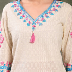 Ramas Off White Embroidered Pure Cotton V-Neck Kurta & Trousers With Dupatta