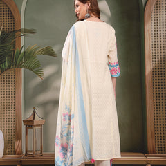 Ramas Off White Embroidered Pure Cotton V-Neck Kurta & Trousers With Dupatta