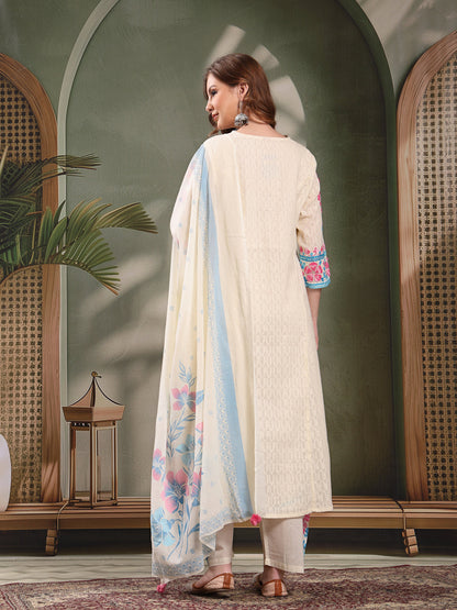 Ramas Off White Embroidered Pure Cotton V-Neck Kurta & Trousers With Dupatta