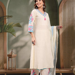 Ramas Off White Embroidered Pure Cotton V-Neck Kurta & Trousers With Dupatta