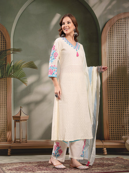 Ramas Off White Embroidered Pure Cotton V-Neck Kurta & Trousers With Dupatta