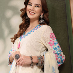 Ramas Off White Embroidered Pure Cotton V-Neck Kurta & Trousers With Dupatta