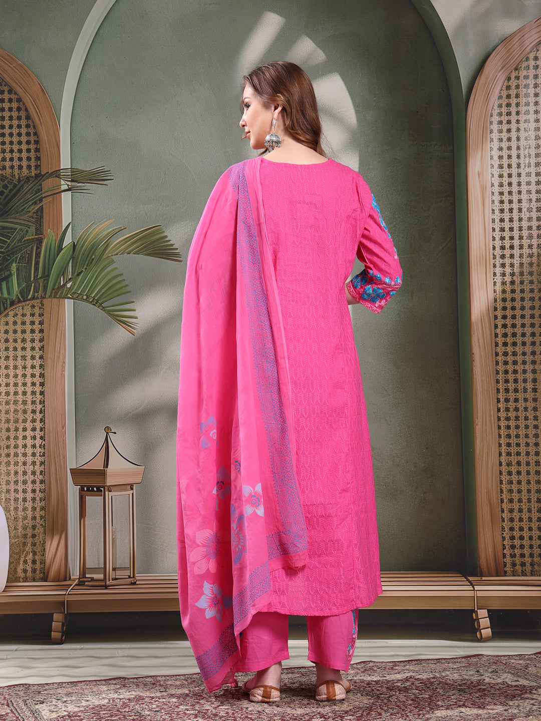 Ramas Embroidered Pure Cotton V-Neck Kurta & Trousers With Dupatta
