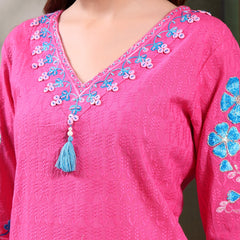 Ramas Embroidered Pure Cotton V-Neck Kurta & Trousers With Dupatta