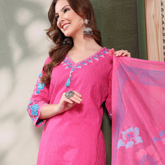 Ramas Embroidered Pure Cotton V-Neck Kurta & Trousers With Dupatta