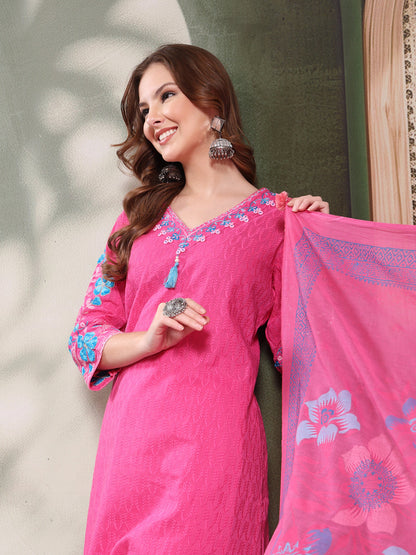 Ramas Embroidered Pure Cotton V-Neck Kurta & Trousers With Dupatta