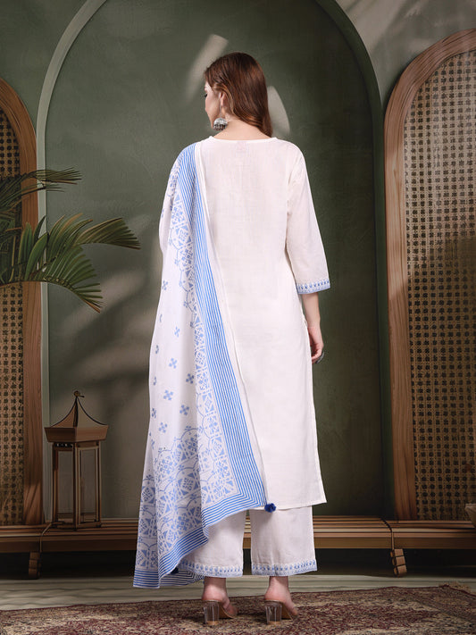 Ramas Embroidered Pure Cotton Round Neck Kurta & Palazzos With Dupatta