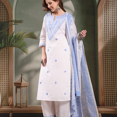 Ramas Embroidered Pure Cotton Round Neck Kurta & Palazzos With Dupatta