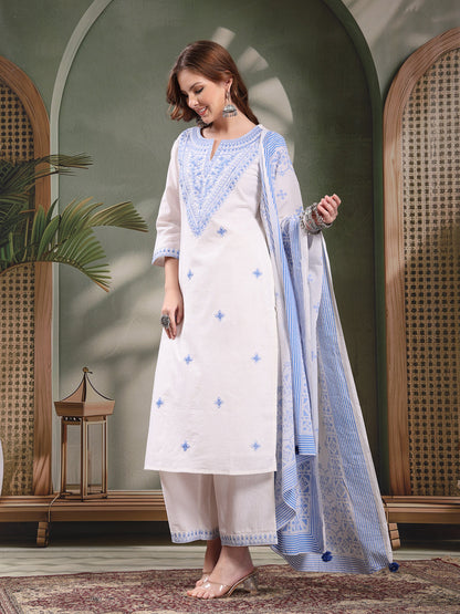 Ramas Embroidered Pure Cotton Round Neck Kurta & Palazzos With Dupatta