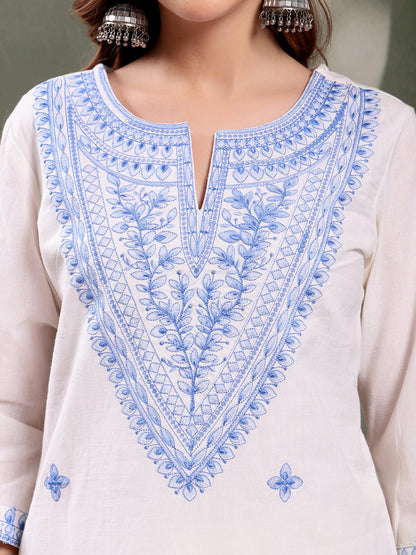 Ramas Embroidered Pure Cotton Round Neck Kurta & Palazzos With Dupatta