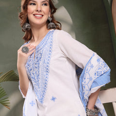 Ramas Embroidered Pure Cotton Round Neck Kurta & Palazzos With Dupatta