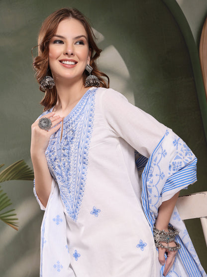 Ramas Embroidered Pure Cotton Round Neck Kurta & Palazzos With Dupatta