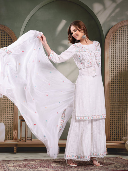 Ramas Embroidered Pure Cotton Round Neck Kurta & Sharara With Dupatta