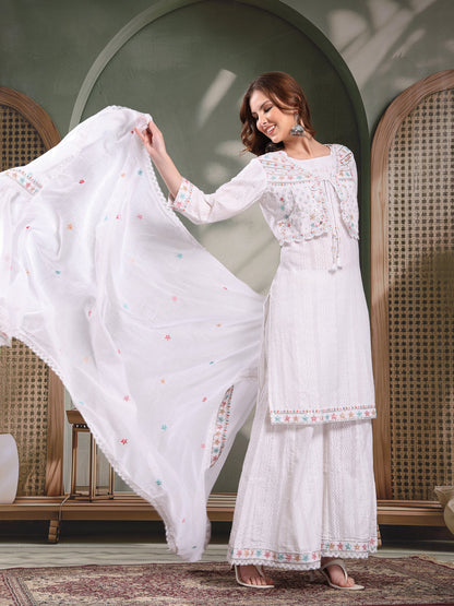 Ramas Embroidered Pure Cotton Round Neck Kurta & Sharara With Dupatta