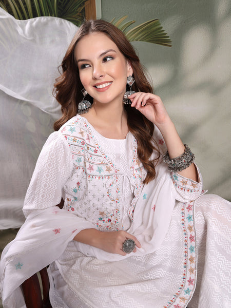Ramas Embroidered Pure Cotton Round Neck Kurta & Sharara With Dupatta