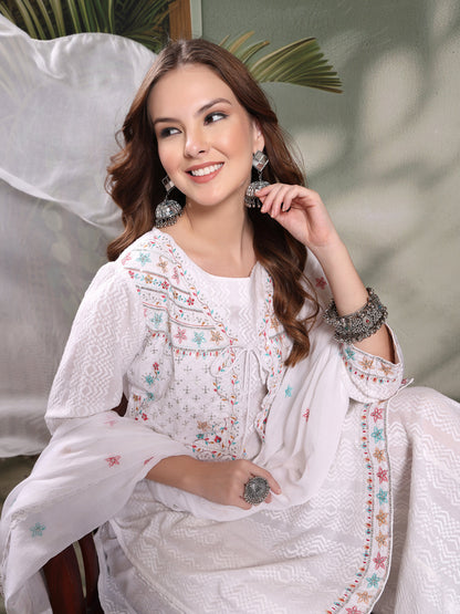 Ramas Embroidered Pure Cotton Round Neck Kurta & Sharara With Dupatta