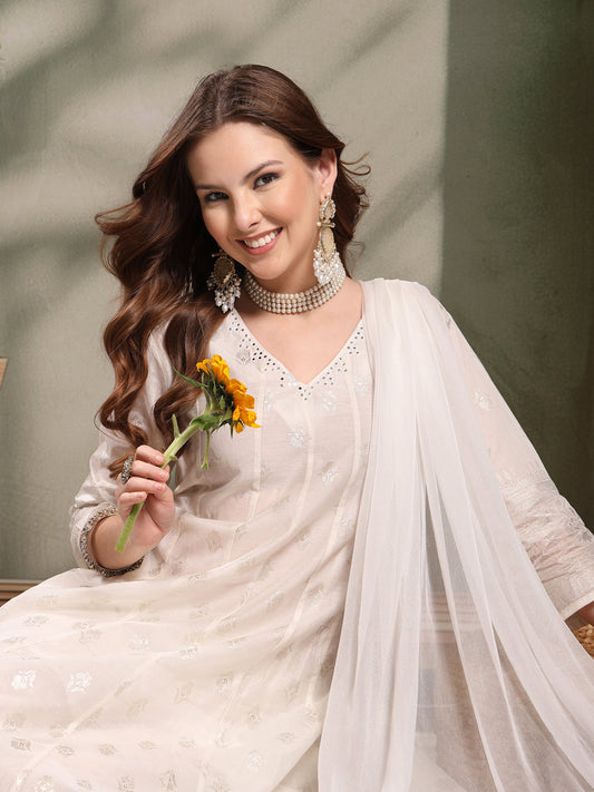 Ramas Printed V-Neck Anarkali Kurta & Sharara With Dupatta