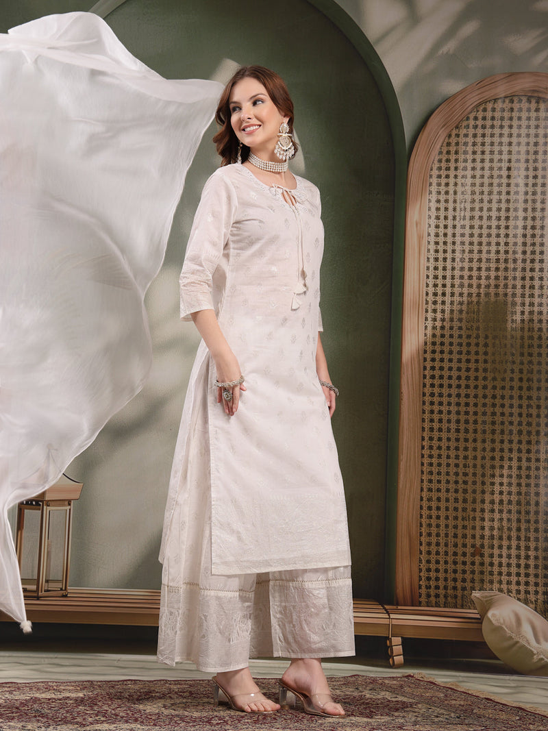 Ramas Printed Tie-Up Neck Straight Kurta & Palazzos With Dupatta