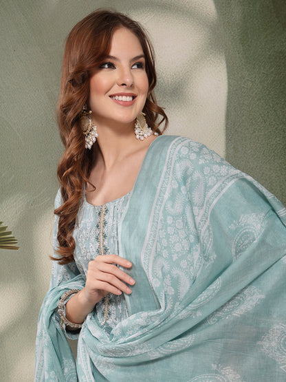 Ramas Paisley Printed Pure Cotton Round Neck Kurta & Trousers With Dupatta