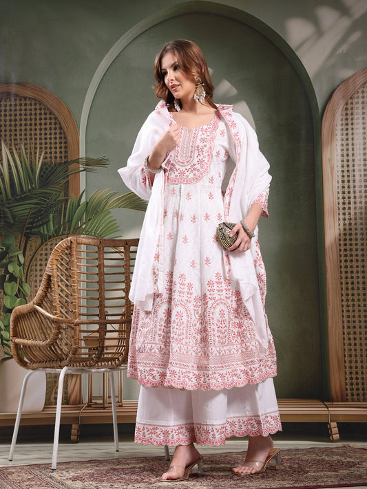 Ramas Embroidered Pure Cotton Round Neck Kurta & Sharara With Dupatta