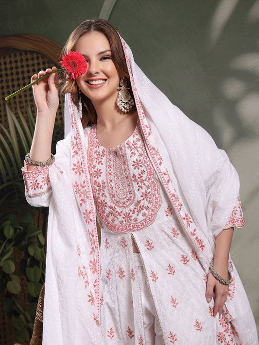 Ramas Embroidered Pure Cotton Round Neck Kurta & Sharara With Dupatta