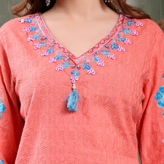 Ramas Sequin Embroidered Pure Cotton V-Neck Kurta & Trousers With Dupatta