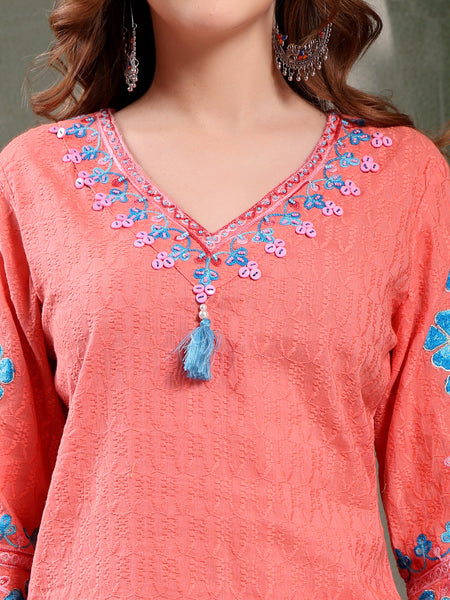 Ramas Sequin Embroidered Pure Cotton V-Neck Kurta & Trousers With Dupatta