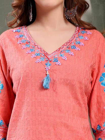 Ramas Sequin Embroidered Pure Cotton V-Neck Kurta & Trousers With Dupatta