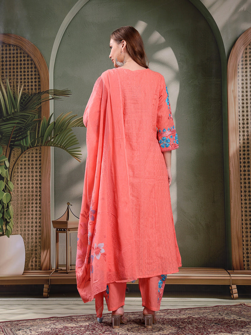 Ramas Sequin Embroidered Pure Cotton V-Neck Kurta & Trousers With Dupatta