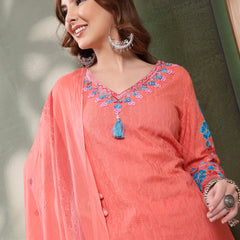 Ramas Sequin Embroidered Pure Cotton V-Neck Kurta & Trousers With Dupatta