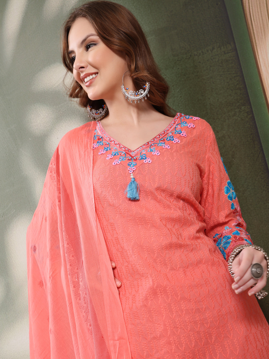 Ramas Sequin Embroidered Pure Cotton V-Neck Kurta & Trousers With Dupatta