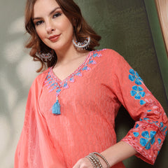 Ramas Sequin Embroidered Pure Cotton V-Neck Kurta & Trousers With Dupatta