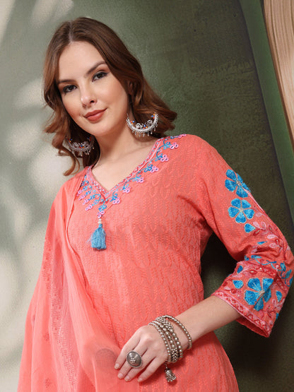 Ramas Sequin Embroidered Pure Cotton V-Neck Kurta & Trousers With Dupatta